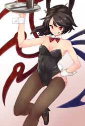 Rule 34 | 1girl, alternate costume, animal ears, asymmetrical wings, bare shoulders, black hair, black pantyhose, bottle, bow, bowtie, breasts, cleavage, cup, detached collar, drinking glass, fake animal ears, fishnet pantyhose, fishnets, gradient background, hand on own hip, houjuu nue, leotard, looking at viewer, pantyhose, pink background, playboy bunny, rabbit ears, rabbit tail, red bow, red bowtie, red eyes, short hair, small breasts, smile, solo, tail, touhou, tray, urin, v-shaped eyebrows, white background, wine glass, wings, wrist cuffs