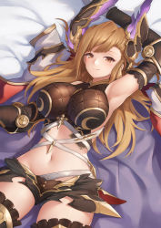Rule 34 | 1girl, arm up, armpits, bare shoulders, black shorts, black thighhighs, blush, breasts, brown eyes, cloak, closed mouth, crop top, detached sleeves, gloves, granblue fantasy, head wings, highres, large breasts, light brown hair, long hair, looking at viewer, lying, midriff, miso (b7669726), navel, on back, short shorts, shorts, sidelocks, smile, thighhighs, thighs, tweyen (granblue fantasy), white cloak, white gloves, wings