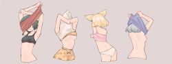 Rule 34 | 10s, 4girls, absurdres, animal ears, armpits, arms up, artist request, bare back, black bra, blonde hair, blouse, bra, breasts, commentary request, common raccoon (kemono friends), cropped legs, cropped torso, fennec (kemono friends), fox ears, green hair, grey background, grey hair, highres, kaban (kemono friends), kemono friends, medium breasts, multiple girls, no bra, panties, print bra, print skirt, red footwear, red shirt, serval (kemono friends), serval print, shirt, shirt over head, shoes, short hair, sideboob, simple background, skirt, sports bra, underboob, underwear, undressing, upper body, white panties, white shirt