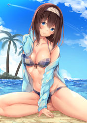Rule 34 | 10s, 1girl, aircraft, airplane, arm support, bikini, bikini under clothes, blue eyes, blue shirt, blush, breasts, brown hair, checkered bikini, checkered clothes, cloud, collarbone, commentary request, contrail, day, front-tie bikini top, front-tie top, hairband, hand in own hair, head tilt, idolmaster, idolmaster cinderella girls, large breasts, long hair, long sleeves, looking at viewer, navel, off shoulder, on ground, open clothes, open shirt, outdoors, palm tree, sagisawa fumika, shiny skin, shirt, sitting, sky, smile, solo, stomach, suzuame yatsumi, swimsuit, tree, water