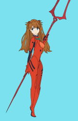 Rule 34 | 1girl, artist request, blue eyes, bodysuit, breasts, cowboy shot, dated, from side, full body, hair between eyes, holding, holding own hair, holding weapon, interface headset, lance of longinus (evangelion), long hair, looking at viewer, neon genesis evangelion, orange hair, parted lips, pilot suit, plugsuit, polearm, red bodysuit, shiny clothes, skin tight, solo, souryuu asuka langley, standing, two side up, uneven eyes, very long hair, weapon, wide hips