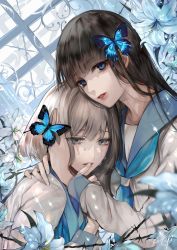 Rule 34 | 2girls, black hair, blue eyes, bug, butterfly, butterfly hair ornament, crying, crying with eyes open, finger to mouth, flower, grey eyes, hair ornament, hand on another&#039;s face, hand on another&#039;s shoulder, highres, hug, insect, light brown hair, long hair, long sleeves, looking at viewer, looking to the side, multiple girls, original, parted lips, sailor collar, sailor shirt, school uniform, shirt, short hair, tcb, tears, upper body, yuri
