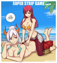 Rule 34 | 2girls, artist name, artist request, ass, barefoot, beach, breasts, butt crack, cleavage, cloud, collarbone, crossover, day, english text, erza scarlet, fairy tail, feet, horns, large breasts, long hair, lying, massage, multiple girls, ocean, on stomach, one piece, orange eyes, outdoors, palm tree, pasties, red hair, redjet, soles, star pasties, starfish, starfish bikini, toes, tree, white hair, yamato (one piece), yuri