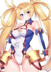 Rule 34 | 1girl, absurdres, armor, bare shoulders, blonde hair, blue eyes, blush, bradamante (fate), bradamante (first ascension) (fate), braid, breasts, cleavage, elbow gloves, fate/grand order, fate (series), faulds, gloves, hair between eyes, hair ornament, halterneck, highres, large breasts, long hair, looking at viewer, rokita, simple background, solo, thighs, twintails, very long hair, white background