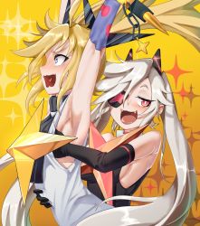 Rule 34 | 2girls, artist request, black shirt, blonde hair, blue eyes, blush, grabbing another&#039;s breast, djmax, djmax respect, fangs, grabbing, highres, long hair, looking at viewer, multiple girls, non-web source, open mouth, red eyes, shirt, source request, white hair, white shirt