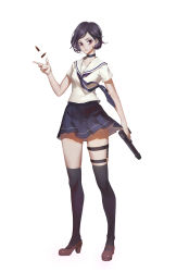 Rule 34 | 1girl, arm at side, arm up, black thighhighs, blouse, blue necktie, blue skirt, breasts, brown footwear, choker, closed mouth, commentary request, full body, ginxiee, gun, handgun, high heels, highres, holding, holding weapon, necktie, original, outstretched hand, over-kneehighs, pleated skirt, purple eyes, purple hair, sailor collar, school uniform, serafuku, shell casing, shirt, shoes, short hair, short sleeves, simple background, skirt, small breasts, solo, thigh strap, thighhighs, weapon, white background, white sailor collar, white shirt