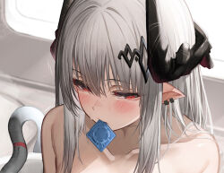 Rule 34 | 1girl, arknights, black horns, blush, closed mouth, collarbone, commentary request, condom, condom in mouth, condom wrapper, grey hair, hair over shoulder, highres, horns, long hair, looking at viewer, mouth hold, mudrock (arknights), nude, paid reward available, pointy ears, red eyes, solo, tab head, upper body