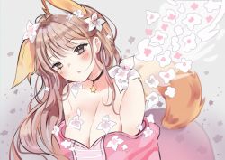 Rule 34 | 1girl, animal ears, annytf, anyuu, black choker, breasts, brown eyes, brown hair, choker, cleavage, commentary, extra ears, fox ears, fox girl, fox tail, indie virtual youtuber, large breasts, looking at viewer, off shoulder, open mouth, petals, pink shirt, shirt, solo, symbol-only commentary, tail, upper body, virtual youtuber