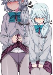 Rule 34 | 1girl, ahoge, blue neckwear, blush, bow, bowtie, braid, cardigan, closed mouth, clothes lift, commentary, dress, dress lift, grey pantyhose, hair over eyes, hair ribbon, hamanami (kancolle), highres, kantai collection, kumadano, lifted by self, long hair, long sleeves, multi-tied hair, multiple views, nose blush, open mouth, panties, pantyhose, purple panties, ribbon, school uniform, silver hair, simple background, single braid, sweat, underwear, white background, yellow eyes