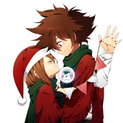 Rule 34 | 1boy, 1girl, bad id, bad pixiv id, blush, brother and sister, brown eyes, brown hair, cape, christmas, closed eyes, closed mouth, digimon, digimon adventure, facing another, from side, green scarf, hat, highres, holding, long hair, looking at another, maro (lij512), red cape, red hat, santa hat, scarf, shirt, siblings, simple background, smile, snow globe, string, string around finger, string of fate, string of flags, upper body, white background, white shirt, yagami hikari, yagami taichi