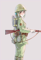 Rule 34 | alternate costume, arisaka, bolt action, boots, bottle, bow, brown background, character name, green footwear, green hair, green headwear, green pants, green shirt, gun, hair bow, helmet, imperial japanese navy, kantai collection, long sleeves, longmei er de tuzi, looking at viewer, looking back, military, military uniform, pants, ponytail, rifle, shirt, simple background, smile, solo, uniform, water bottle, weapon, yellow eyes, yuubari (kancolle)