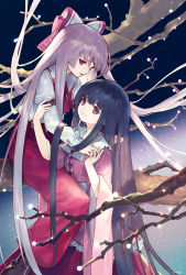Rule 34 | 2girls, ainy, bad id, bad pixiv id, black hair, bow, branch, closed mouth, fingers together, fujiwara no mokou, hair bow, hime cut, houraisan kaguya, in tree, japanese clothes, long hair, long skirt, multiple girls, open mouth, pants, red eyes, red pants, red skirt, ribbon, shirt, sitting, sitting in tree, skirt, sleeves past wrists, smile, suspenders, touhou, tree, very long hair, white hair, white shirt, wide sleeves, yuri