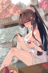 Rule 34 | 1girl, artist name, blush, breasts, brown eyes, brown hair, choko (cup), cleavage, collarbone, cup, dated, flower, hair between eyes, hair flower, hair ornament, highres, himeyamato, holding, holding cup, kantai collection, large breasts, leaf, long hair, maple leaf, naked towel, onsen, open mouth, outdoors, pink flower, ponytail, signature, solo, tokkuri, towel, very long hair, yamato (kancolle)