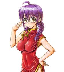 Rule 34 | 1girl, amania orz, braid, breasts, brown eyes, china dress, chinese clothes, covered navel, dress, freckles, glasses, hand on own hip, large breasts, long hair, looking at viewer, purple hair, ri kouran, round eyewear, sakura taisen, simple background, smile, solo, twin braids, twintails, white background