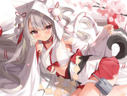 Rule 34 | 1girl, azur lane, breasts, closed mouth, collar, commentary request, detached sleeves, fang, fingernails, grey hair, highres, hood, kyonta, long hair, lying, medium breasts, nail polish, official alternate costume, on side, red collar, red eyes, red skirt, skin fang, skirt, slit pupils, smile, solo, tail, thick eyebrows, thighs, underboob, wide sleeves, wolf girl, wolf hood, wolf tail, yuudachi (azur lane), yuudachi (the bride of solomon) (azur lane)