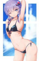 Rule 34 | 1girl, ;o, arm up, armpits, bikini, black bikini, blue eyes, blue sky, breasts, cleavage, collarbone, cowboy shot, day, front-tie bikini top, front-tie top, gluteal fold, groin, hair ornament, hand in own hair, highres, low twintails, navel, ocean, one eye closed, open mouth, purple hair, ribs, side-tie bikini bottom, sky, small breasts, solo, swimsuit, twintails, vocaloid, voiceroid, yusake san, yuzuki yukari