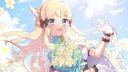 Rule 34 | 1girl, black bow, blonde hair, blue eyes, blush, bow, breasts, elf, flower, hair bow, hair ornament, highres, large breasts, long hair, looking at viewer, open mouth, pointy ears, princess connect!, rokico, saren (princess connect!), smile, solo