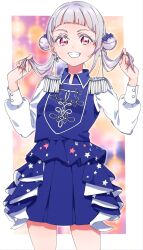 Rule 34 | 1girl, arashi chisato, blue dress, blunt bangs, border, collared dress, double bun, dress, earrings, epaulettes, hair bun, hair ornament, highres, holding, holding own hair, jewelry, long hair, long sleeves, looking at viewer, love live!, love live! superstar!!, outside border, red eyes, sing! shine! smile!, smile, solo, standing, twintails, upper body, white border, white hair, ykepouty
