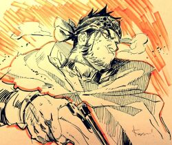 Rule 34 | 1boy, beard, close-up, commentary, facial hair, golden kamuy, gun, headband, holding, holding gun, holding weapon, kotteri, looking to the side, male focus, partially colored, profile, rifle, short hair, sideburns, smoke, tanigaki genjirou, weapon