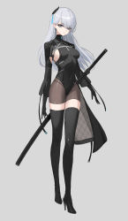 Rule 34 | 1girl, absurdres, black gloves, black leotard, black thighhighs, bodysuit, boots, breasts, gloves, grey eyes, hair ornament, high heels, highres, leotard, long legs, long sleeves, long sword, looking at viewer, navel, original, rikui (rella2930), skin tight, skindentation, small breasts, solo, sword, thigh boots, thighhighs, thighs, weapon, white hair