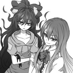 Rule 34 | 2girls, antinomy of common flowers, bow, bowtie, collarbone, commentary request, greyscale, hair between eyes, hair bow, hinanawi tenshi, hood, hoodie, looking at viewer, miata (miata8674), monochrome, multiple girls, no headwear, parted lips, puffy short sleeves, puffy sleeves, short sleeves, simple background, smile, spoilers, touhou, wavy hair, white background, yorigami shion