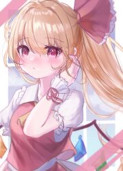 Rule 34 | 1girl, :/, ascot, blonde hair, blush, bow, breasts, flandre scarlet, hair between eyes, hair bow, hand up, hands in hair, highres, naarsann, no headwear, nose blush, pink eyes, red vest, side ponytail, simple background, small breasts, solo, swept bangs, touhou, upper body, vest, white background, yellow ascot