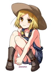 Rule 34 | 1girl, blonde hair, boots, fate/grand order, fate (series), full body, hat, kanna (plum), looking at viewer, naked overalls, overalls, own hands together, paul bunyan (fate), paul bunyan (third ascension) (fate), short hair, sitting, smile, solo, twitter username, white background, yellow eyes