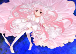 Rule 34 | 10s, 1girl, bad id, bad pixiv id, boots, dress, gloves, kaname madoka, komio (do@ho), long hair, looking up, mahou shoujo madoka magica, mahou shoujo madoka magica (anime), pink eyes, pink hair, short twintails, sitting, solo, spoilers, thigh boots, thighhighs, twintails, two side up, ultimate madoka, very long hair, white dress, white gloves