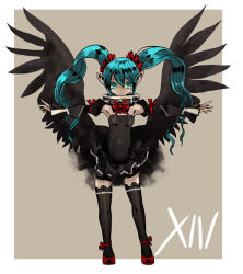 Rule 34 | 1girl, black wings, green eyes, green hair, hatsune miku, kanipanda, long hair, looking at viewer, matching hair/eyes, pointy ears, simple background, solo, thighhighs, vocaloid, wings