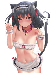 Rule 34 | 1girl, absurdres, animal ear fluff, animal ears, apron, areola slip, bell, black eyes, black hair, black hairband, black skirt, bra, breasts, cat ears, cat girl, cat tail, closed mouth, collar, commentary request, dawit, frilled apron, frilled skirt, frills, hair ribbon, hairband, hands up, highres, jingle bell, medium hair, miniskirt, navel, neck bell, no shirt, original, paid reward available, paw pose, red collar, red ribbon, ribbon, ribbon bra, simple background, skirt, small breasts, solo, stomach, tail, tsurime, underwear, waist apron, white background, white bra, wrist cuffs