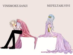 Rule 34 | 1boy, 1girl, aotosironos, blonde hair, blue hair, cape, character name, closed eyes, commentary, dress, english commentary, from side, hair ornament, highres, long hair, nefertari vivi, one piece, red cape, sanji (one piece), shirt, short hair, sitting, sleeveless, white shirt