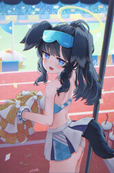 Rule 34 | 1girl, animal ears, ass, black hair, blue-tinted eyewear, blue archive, blue eyes, blush, cheerleader, commentary request, cowboy shot, crop top, dog ears, dog girl, dog tail, eyewear on head, from behind, halo, hibiki (blue archive), hibiki (cheer squad) (blue archive), highres, looking back, millennium cheerleader outfit (blue archive), open mouth, outdoors, paid reward available, panties, partial commentary, pom pom (cheerleading), ponytail, saebashi, safety glasses, skirt, solo, tail, tinted eyewear, underwear, white panties, white skirt, yellow halo