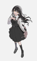 Rule 34 | 1girl, absurdres, arm at side, belt, belt buckle, black belt, black dress, black footwear, black hair, black socks, buckle, chainsaw man, collared shirt, dress, facial scar, from above, full body, hand on own chest, highres, loafers, long hair, long sleeves, looking at viewer, neck ribbon, open mouth, pinafore dress, rero (bigdoorbig2), ribbon, ringed eyes, scar, scar on cheek, scar on face, school uniform, shirt, shoes, simple background, sketch, sleeveless, sleeveless dress, smile, socks, solo, standing, white background, white shirt, yellow eyes, yoru (chainsaw man)