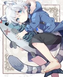 Rule 34 | 1boy, animal, animal ears, barefoot, blue eyes, blue heart, commentary request, fish, food, foot out of frame, highres, holding, holding food, hood, hooded jacket, jacket, kemonomimi mode, looking at viewer, male focus, novela kudasai, original, profile, shorts, tail