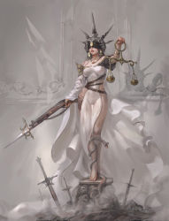 1girl absurdres barefoot bayonet bracelet copyright_request dress earrings female_focus full_body gun headpiece highres holding holding_gun holding_weapon jewelry mask necklace parted_lips pedestal planted planted_sword planted_weapon scales shadow shaonav snake solo standing sword weapon white_dress