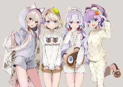 Rule 34 | &gt;:), 4girls, :d, alternate costume, alternate hairstyle, animal hood, ann (ann58533111), apple hair ornament, ayanami (azur lane), azur lane, bed sheet, blue eyes, c:, carrying, casual, cat hood, cherry hair ornament, collarbone, commentary request, contemporary, covering own mouth, food-themed hair ornament, grey background, hair ornament, hairband, hairpin, head tilt, holding, holding sheet, hood, hooded jacket, jacket, javelin (azur lane), laffey (azur lane), light brown hair, long hair, low twintails, multiple girls, one side up, open mouth, orange eyes, pajamas, ponytail, raccoon hood, salute, short hair, short shorts, shorts, sidelocks, silver hair, simple background, slippers, smile, standing, standing on one leg, strawberry hair ornament, stuffed animal, stuffed raccoon, stuffed toy, tanuki, twintails, z23 (azur lane)