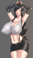 Rule 34 | 1girl, armpits, arms behind head, arms up, black hair, breasts, brown eyes, cleavage, collarbone, covered erect nipples, curvy, earrings, elbow pads, eyeliner, eyeshadow, female focus, final fantasy, final fantasy vii, fingerless gloves, gloves, highres, hip focus, huge breasts, jewelry, lips, lipstick, long hair, looking at viewer, low-tied long hair, makeup, midriff, miniskirt, naughty face, navel, okai, original, red gloves, shirt, skirt, smile, solo, stomach, suspender skirt, suspenders, swept bangs, tank top, taut clothes, taut shirt, thick thighs, thigh strap, thighs, tifa lockhart