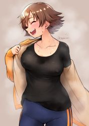 Rule 34 | 1girl, :d, black shirt, blue pants, blush, breasts, brown background, brown hair, collarbone, covered erect nipples, cowboy shot, closed eyes, gojarun, head tilt, highres, honda mio, idolmaster, idolmaster cinderella girls, jacket, large breasts, off shoulder, open clothes, open jacket, open mouth, pants, shirt, shirt tucked in, short hair, simple background, smile, solo, steaming body, sweat, teeth, track pants, twitter username, unaligned breasts, undressing, upper teeth only, wet, yellow jacket