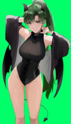 Rule 34 | 1girl, absurdres, alternate costume, black jacket, black leotard, breasts, closed mouth, demon horns, demon tail, demon wings, earrings, fire emblem, fire emblem: the blazing blade, green background, green eyes, green hair, hands up, highres, horns, jacket, jewelry, large breasts, leotard, long hair, looking at viewer, lyn (fire emblem), nintendo, ormille, ponytail, simple background, solo, tail, very long hair, wings
