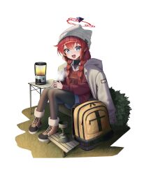 Rule 34 | 1girl, absurdres, animal ear headwear, black footwear, black pantyhose, blue archive, blue eyes, braid, camping chair, double-parted bangs, fake animal ears, hair between eyes, halo, highres, jacket, jacket on shoulders, looking at viewer, low twin braids, maki (blue archive), maki (camp) (blue archive), official alternate costume, official alternate hairstyle, on chair, pantyhose, red hair, red halo, red sweater vest, red vest, shirt, shorts, sidelocks, simple background, sitting, solo, sweater vest, turtleneck, twin braids, ur-8, vest, white background, white headwear, white jacket, white shirt