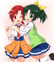 Rule 34 | 10s, 2girls, ;d, blush, clothes around waist, green eyes, green hair, green sweater vest, hino akane (smile precure!), midorikawa nao, multiple girls, necktie, nemou, one eye closed, open mouth, pleated skirt, ponytail, precure, red eyes, red hair, school uniform, short hair, skirt, sleeves rolled up, smile, smile precure!, sweater, sweater around waist, sweater vest, white background, wink, yuri