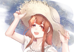 Rule 34 | 1girl, arms up, brown hair, collarbone, grin, hands on headwear, hat, highres, oyasumi punpun, patterned background, smile, straw hat, tanaka aiko, user wmut2853, white background