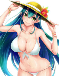 Rule 34 | 10s, 1girl, adjusting clothes, adjusting headwear, aqua hair, bangle, bare shoulders, bikini, bracelet, breasts, cleavage, collarbone, covered erect nipples, cowboy shot, flower, front-tie bikini top, front-tie top, hair between eyes, hair ornament, hairclip, hat, hat flower, hibiscus, jewelry, kantai collection, large breasts, long hair, looking at viewer, lots of jewelry, navel, smile, solo, strap gap, sun hat, suzuya (kancolle), swimsuit, taku, very long hair, white background, white bikini, yellow eyes, yukisaki miale