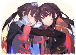 Rule 34 | 1boy, 1girl, black hair, blush, brother and sister, cape, chain, chain, cow (shadow), crying, closed eyes, fate/grand order, fate (series), gloves, gold chain, hand on head, hat, hetero, hug, japanese clothes, koha-ace, long hair, long sleeves, military, military uniform, no headwear, no headwear, oda nobukatsu (fate), oda nobunaga (fate), oda nobunaga (koha-ace), oda nobuyuki (fate/grand order), ponytail, red eyes, siblings, sidelocks, smile, uniform, upper body, white background, white gloves
