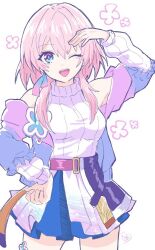 Rule 34 | 1girl, belt, blue eyes, blue jacket, blue skirt, breasts, commentary request, cowboy shot, earrings, flower ornament, hand on own hip, hand up, high belt, honkai: star rail, honkai (series), jacket, jewelry, layered skirt, looking at viewer, march 7th (feast) (honkai: star rail), march 7th (honkai: star rail), medium breasts, medium hair, miniskirt, multicolored clothes, multicolored jacket, multicolored skirt, official alternate costume, one eye closed, open mouth, pink eyes, pink hair, purple belt, purple jacket, purple skirt, simple background, single earring, skirt, sleeveless, sleeveless sweater, smile, solo, sweater, two-tone eyes, white background, white skirt, white sleeves, white sweater, xx0o ai o0xx