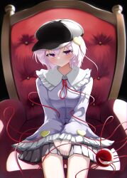 Rule 34 | 1girl, absurdres, black hat, blue shirt, chair, closed mouth, commentary request, flat cap, foul detective satori, hat, heart, highres, komeiji satori, long sleeves, looking at viewer, pink hair, pink skirt, polyhedron2, red eyes, shirt, short hair, sitting, skirt, solo, third eye, touhou