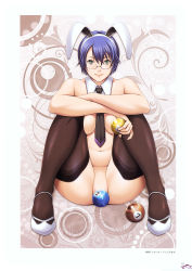 Rule 34 | 10s, 1girl, absurdres, animal ears, asagiri sachie, ball, blue hair, blush, breasts, rabbit ears, censored, convenient censoring, crossed arms, feet, glasses, green eyes, highres, large breasts, legs, looking at viewer, necktie, nude, sei shoujo, shoes, short hair, sitting, smile, solo, spread legs, starless, thighhighs, thighs