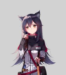 Rule 34 | 1girl, animal ear fluff, animal ears, arknights, belt, black capelet, black gloves, black hair, blush, brown eyes, capelet, chinese commentary, commentary request, earrings, fingerless gloves, food, gloves, grey background, hair between eyes, hand up, highres, holding, holding food, jacket, jewelry, long hair, long sleeves, looking to the side, name tag, planted, planted sword, planted weapon, pocky, pouch, red belt, shokuyou koori, simple background, solo, sword, texas (arknights), upper body, weapon, white jacket, wolf ears