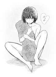 Rule 34 | 1girl, amagami, barefoot, bed sheet, black hairband, blush, bob cut, collarbone, commentary, completely nude, covering privates, covering breasts, covering crotch, full body, greyscale, hairband, halftone, halftone background, hatching (texture), heart, highres, jishaku (user rcuz2843), knees up, looking at viewer, m legs, monochrome, naked sheet, nanasaki ai, nude, screentones, shadow, short hair, sitting, sketch, smile, solo, speech bubble, spoken heart, spread legs