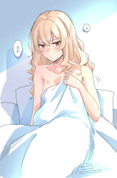 Rule 34 | 1girl, blonde hair, blush, closed mouth, commentary request, hickey, highres, long hair, nude, omsubi, on bed, pillow, red eyes, saijou claudine, shoujo kageki revue starlight, solo, speech bubble, translation request, under covers